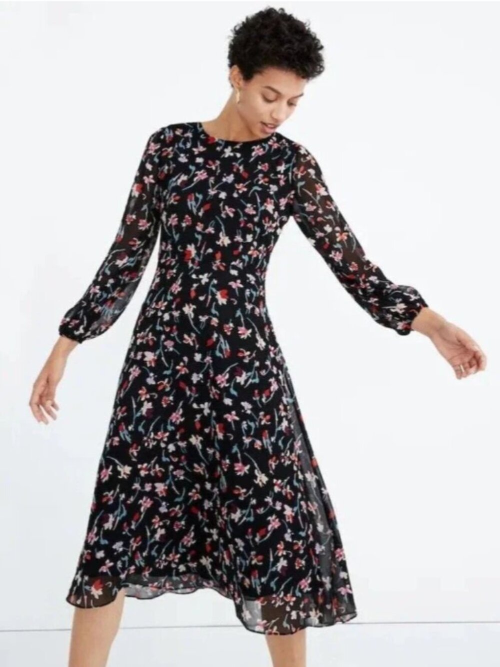Madewell Sheer-Sleeve Midi Dress Floral Drifting Flowers